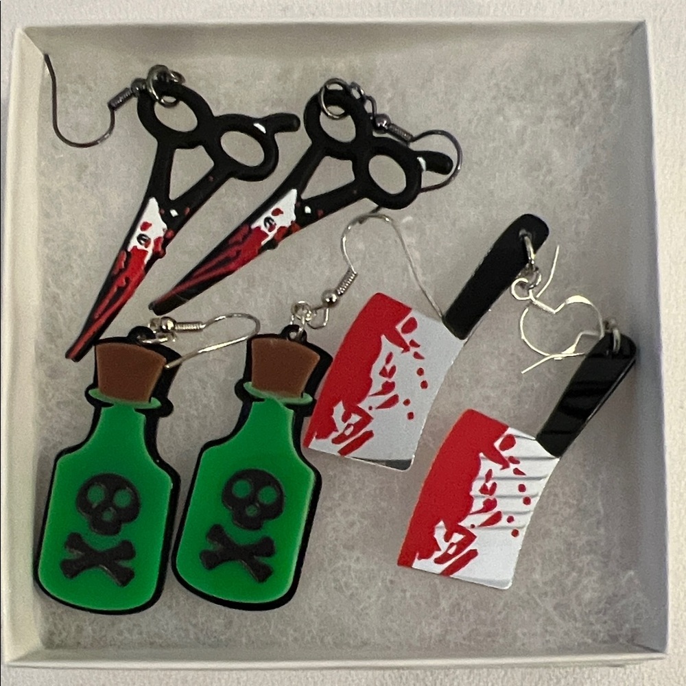 Halloween Themed Earrings Set - Black, Red, Green